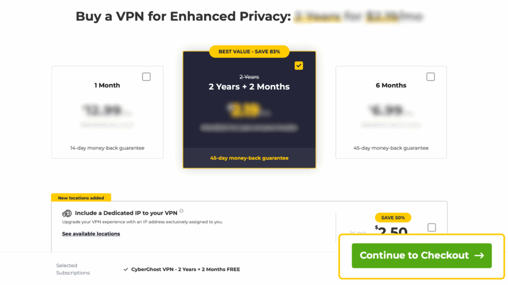 CyberGhost's subscription plans with the "Continue to Checkout" button highlighted.