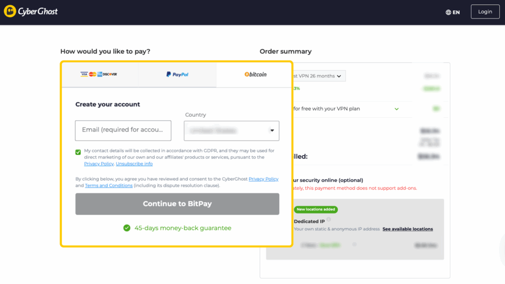 The final step of signing up for a CyberGhost VPN subscription using crypto currency.