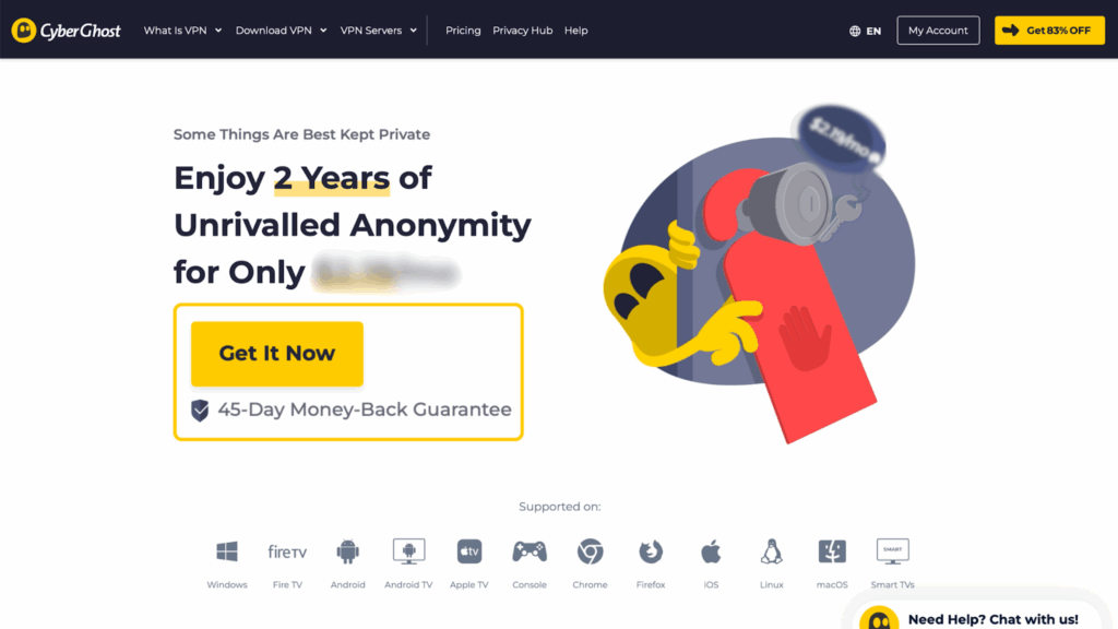 The homepage of CyberGhost VPN's website with the "Get It Now" button highlighted.
