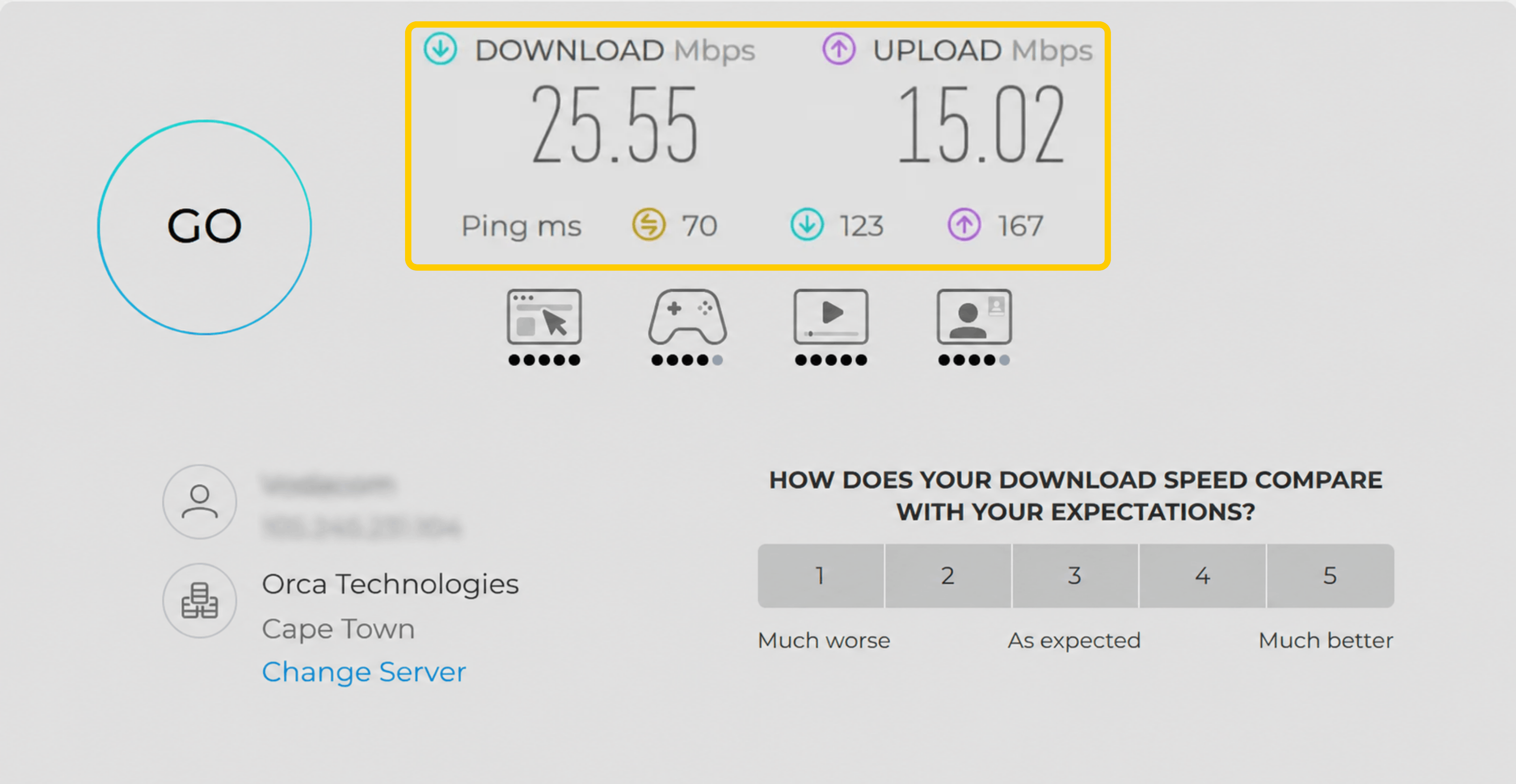Screenshot of speed test results with a VPN