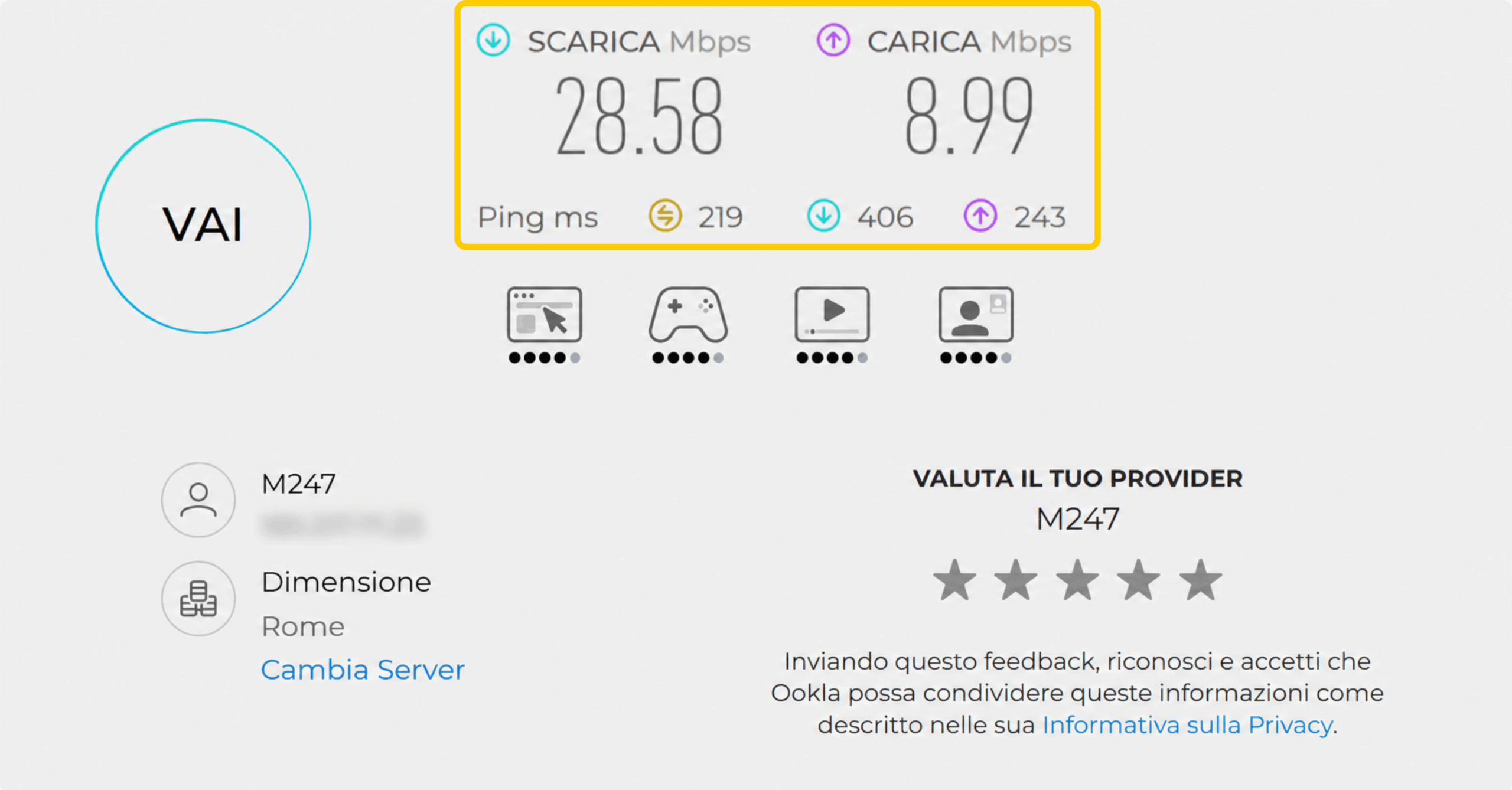 Screenshot of speed test results without a VPN