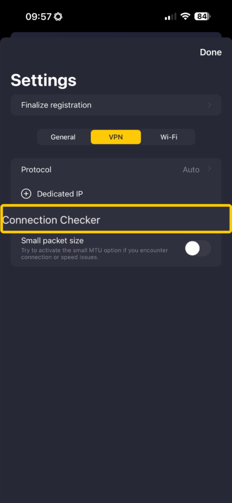 CyberGhost VPN app settings screen with the VPN tab selected and Connection Checker highlighted.