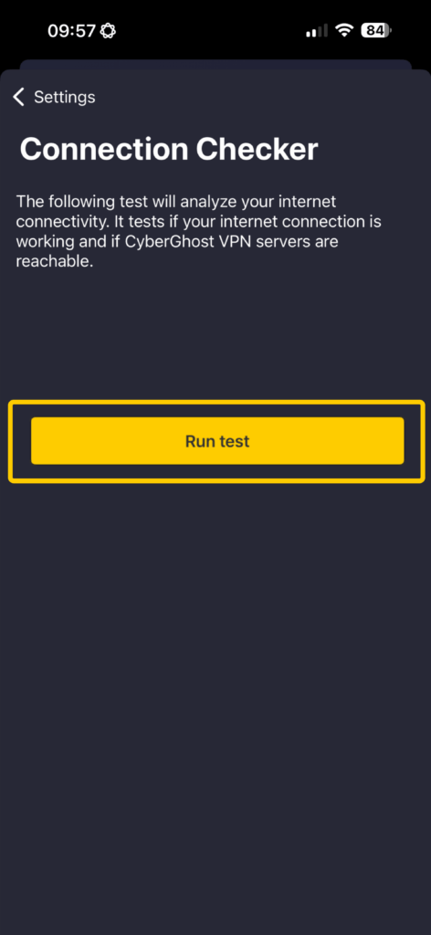 CyberGhost VPN Connection Checker screen showing the Run test button.