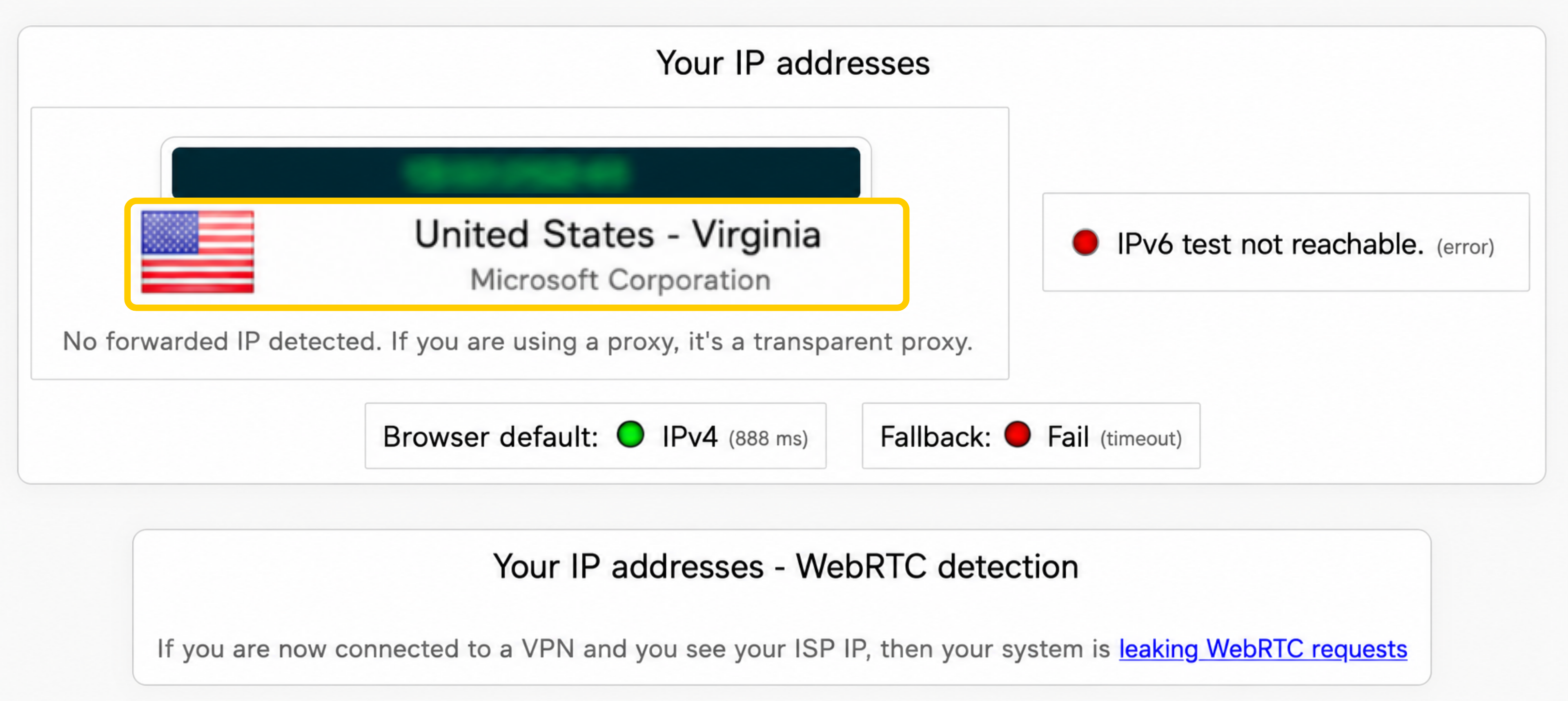 IP address test showing a United States, Virginia location and Microsoft Corporation, with the IPv6 test marked as not reachable.