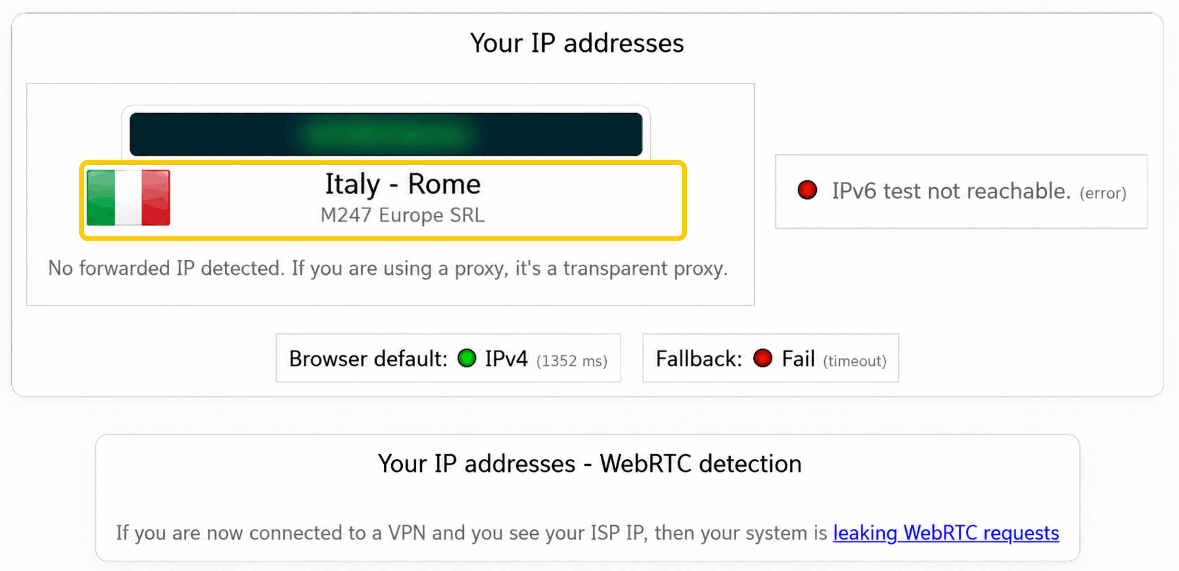 IP address test showing an Italy, Rome location and M247 Europe SRL, with the IPv6 test marked as not reachable.