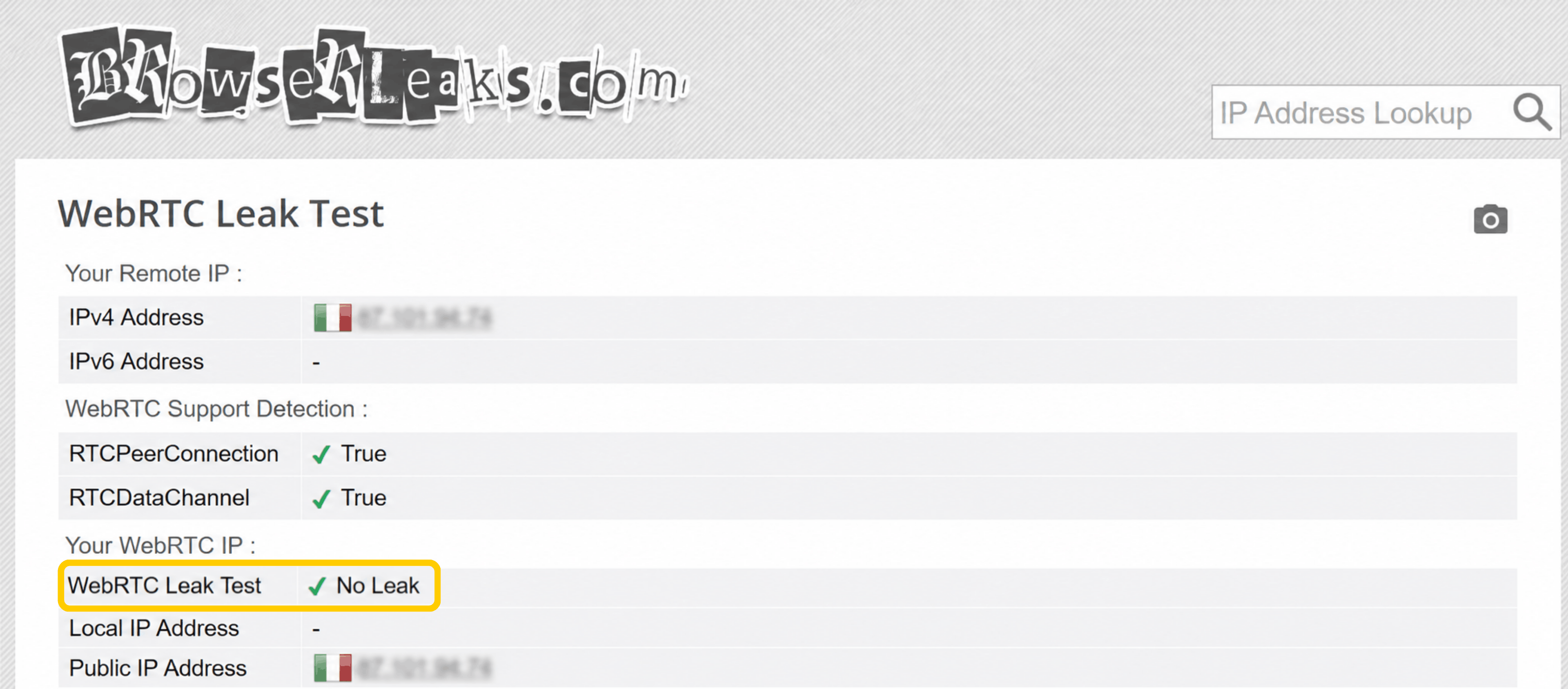 BrowserLeaks WebRTC leak test showing an Italian IPv4 address and a “No Leak” result.
