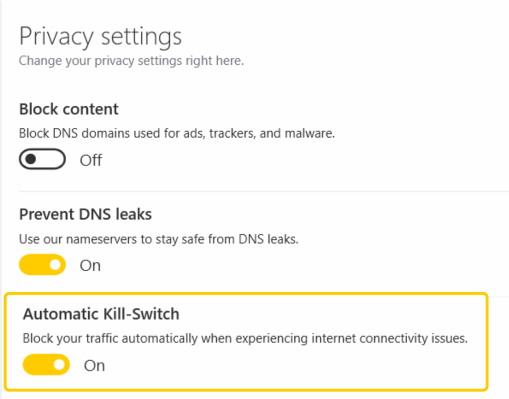 CyberGhost VPN privacy settings with Prevent DNS leaks and Automatic Kill-Switch switched on.
