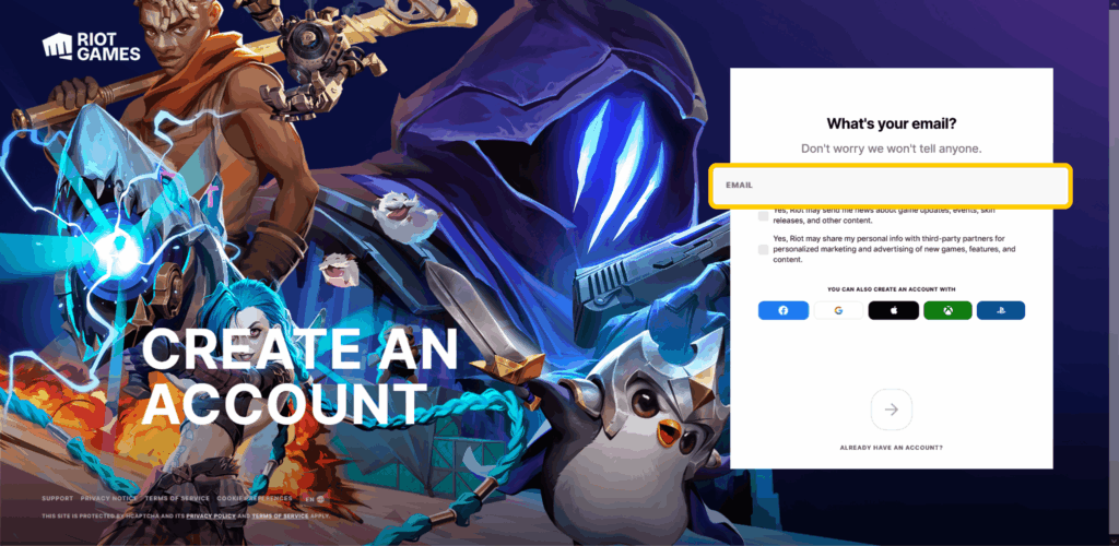 A screenshot of Riot's signup page where players can create a new Riot account.