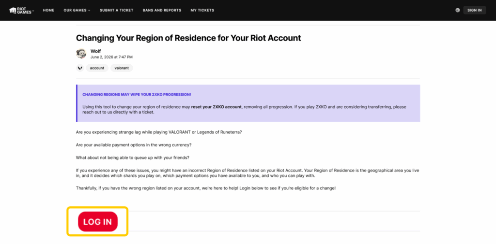 A screenshot of the Riot Support page where users can request to change their Region of Residence.