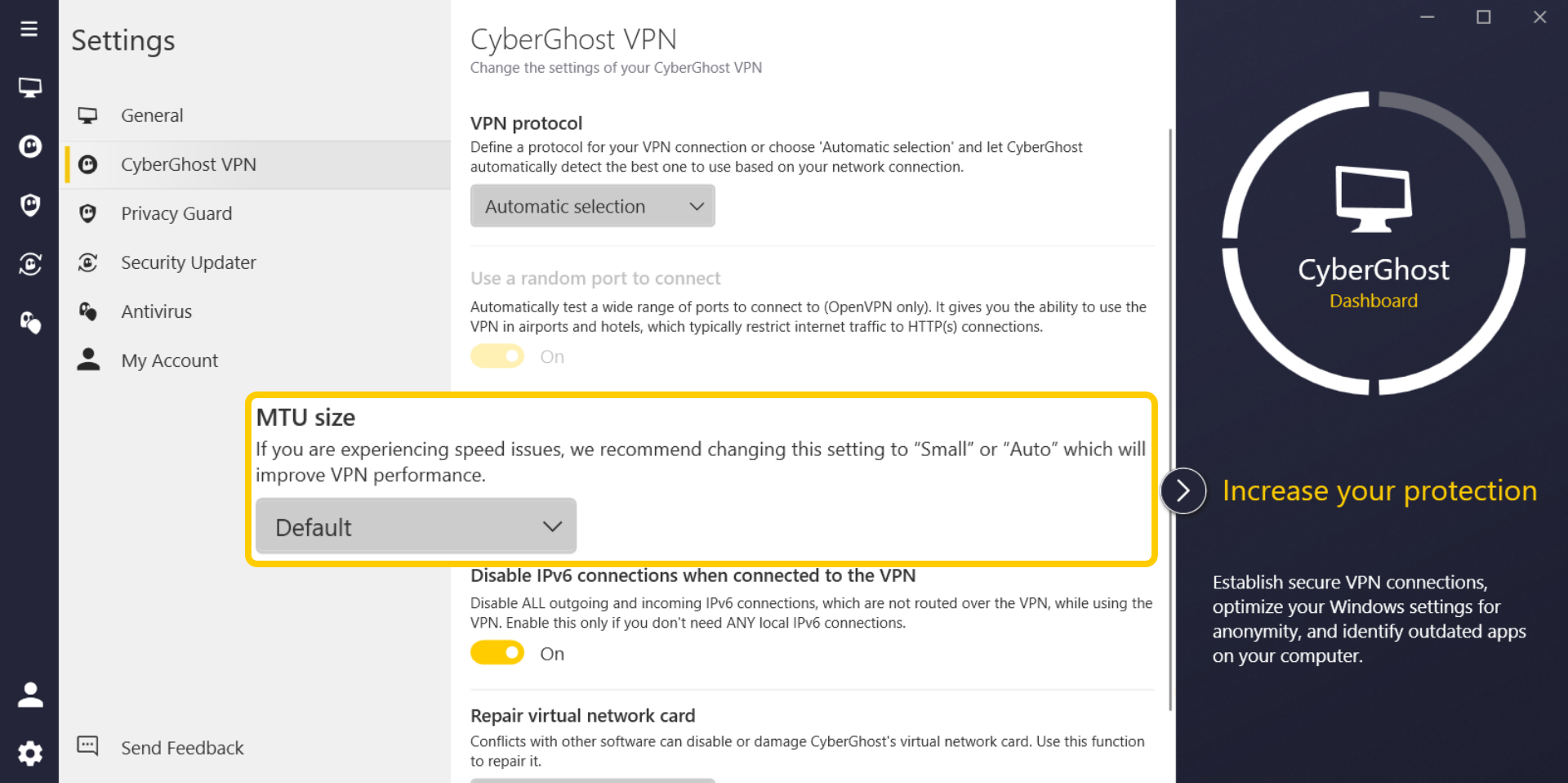 A snapshot of CyberGhost VPN app showing how to adjust the MTU size
