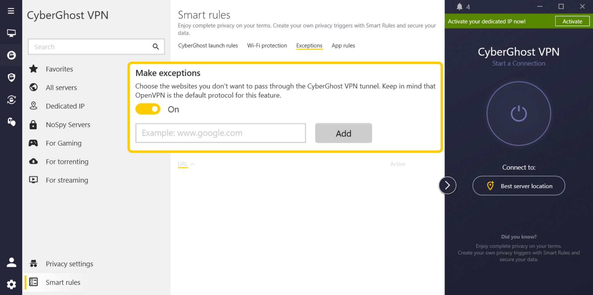A snapshot of CyberGhost VPN app showing how to set up Split Tunneling