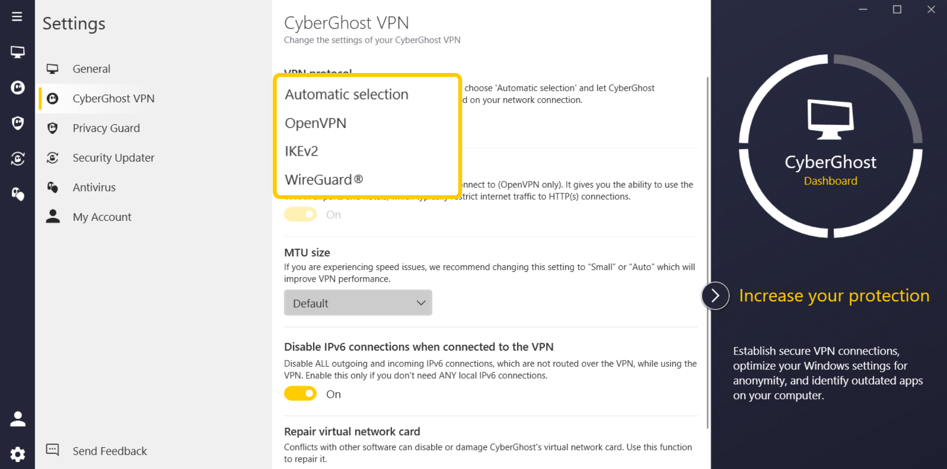 A screenshot of the CyberGhost VPN  app showing available VPN protocols