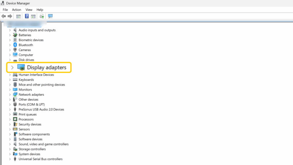 A screenshot showing the Device Manager window and the location of Display adapters.