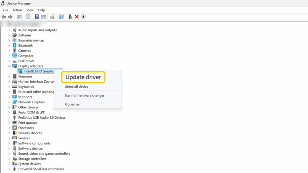 A screenshot showing the right-click menu on an individual display adapter and the Update driver option.