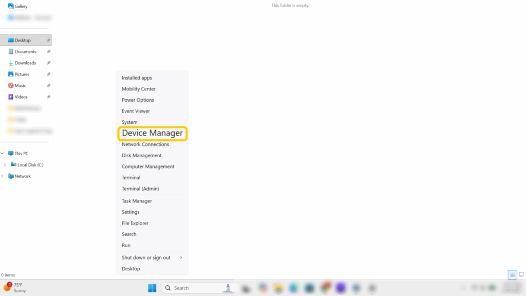 A screenshot showing the right-click menu that contains Device Manager.