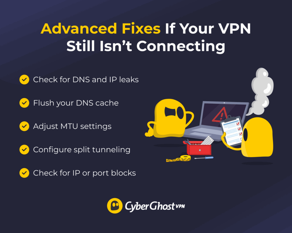 A list of more advanced troubleshooting tips for VPN connection not working