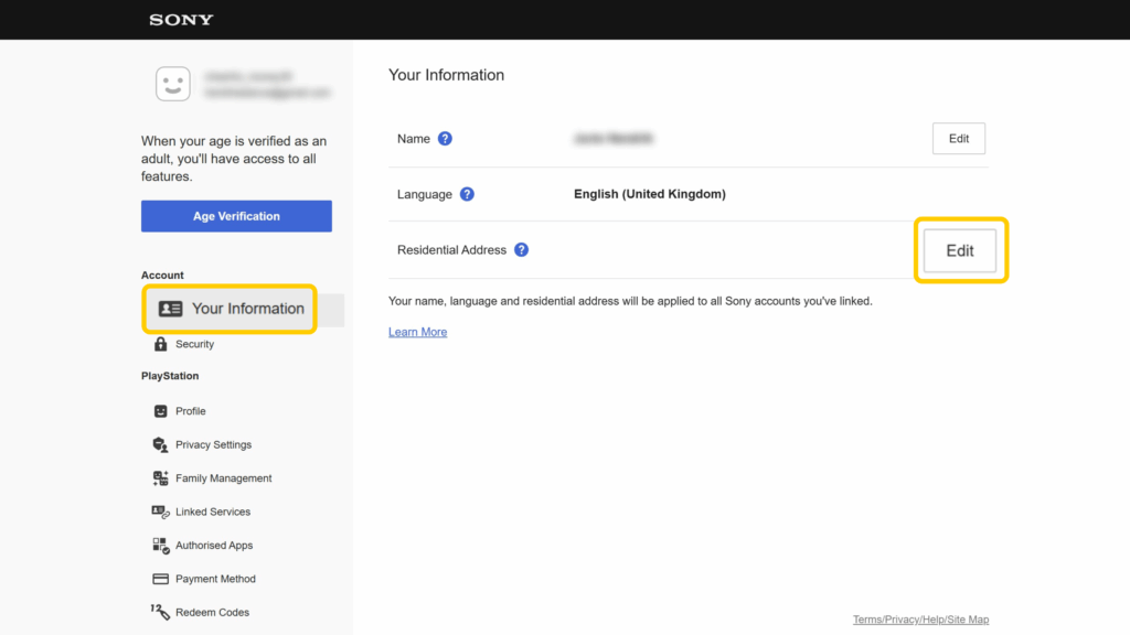 The PlayStation website account dashboard's Your Information panel with the option to edit the Residential Address.