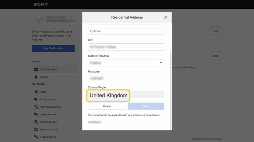 The PlayStation account edit Residential Address form showing the existing account country.