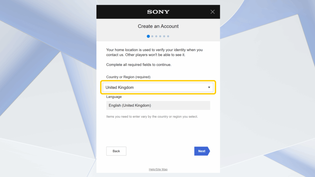 A popup showing the option to choose a Country or Region and Language preference during the PlayStation account creation process.