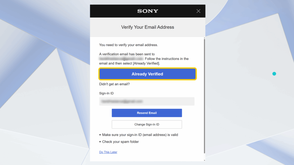 The Verify Your Email Address step during the PlayStation account creation process.