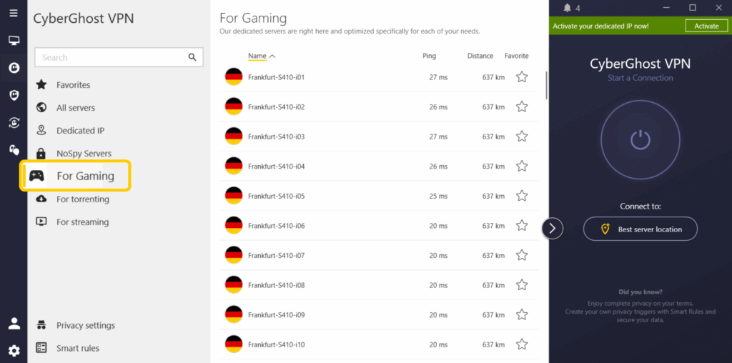 Screenshot highlighting where to find CyberGhost VPN's gaming servers