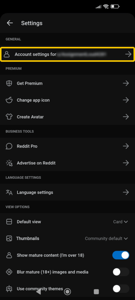 Reddit's Android app Settings menu, highlighting Account Settings option