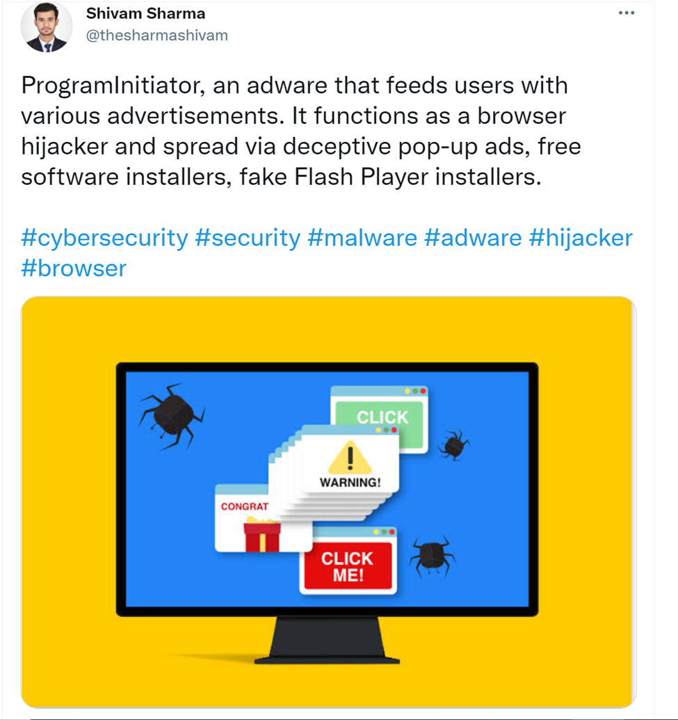 Twitter post explaining dangers of ProgramInitiator adware