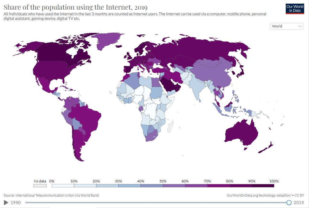 Map showcasing people who access the internet worldwide