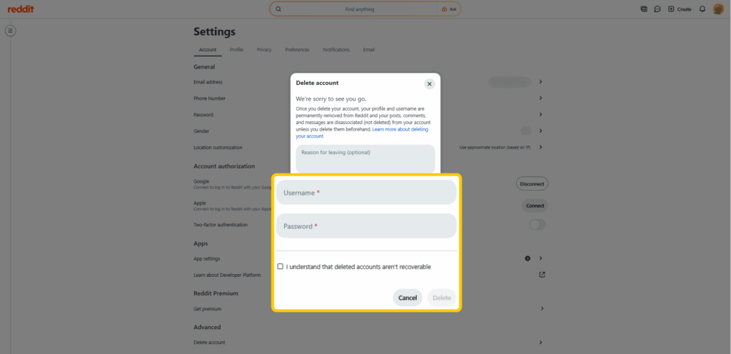 Confirmation prompt that appears after clicking "Delete account."