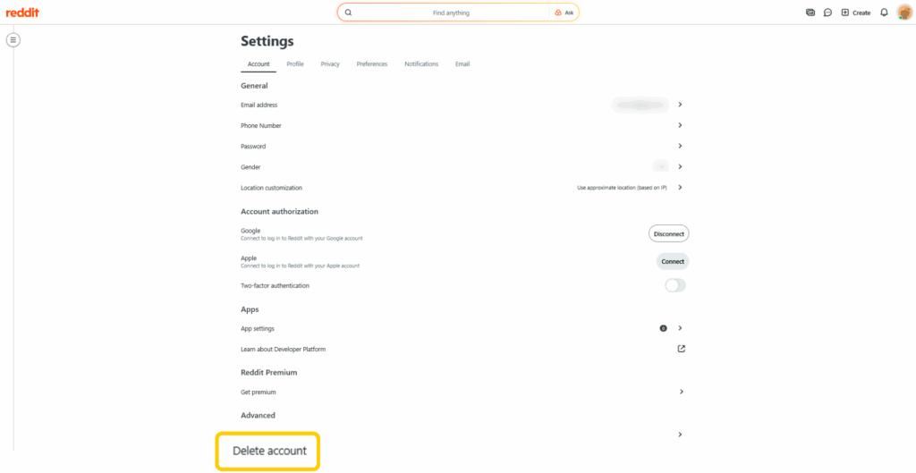 Reddit Settings page showing the Account tab and the "Delete account" option.