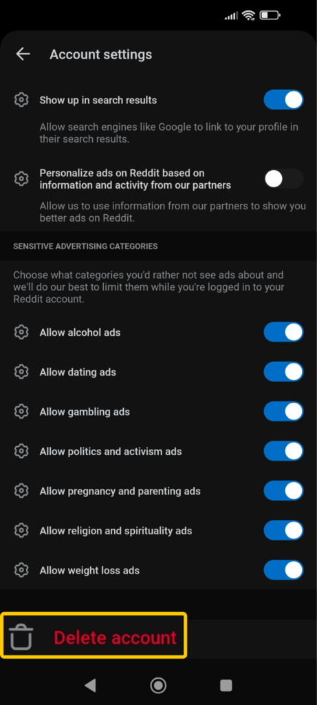 The "Delete account" option at the bottom of the Account Settings menu in Reddit's Android app.