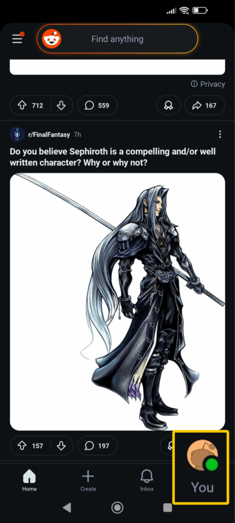 The home tab in Reddit's Android app, showing the profile menu button.