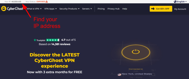 Screenshot of CyberGhost VPN home page showing exposed IP address