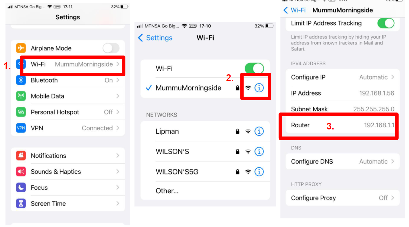 Screenshot of steps to find router IP address in iOS