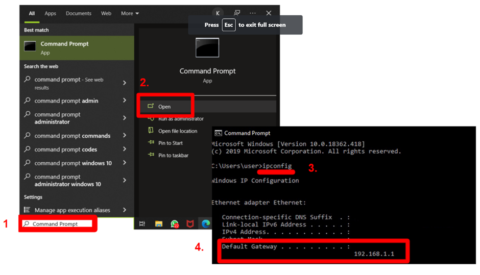 Screenshot of steps to find router IP address in Windows using Command Prompt app