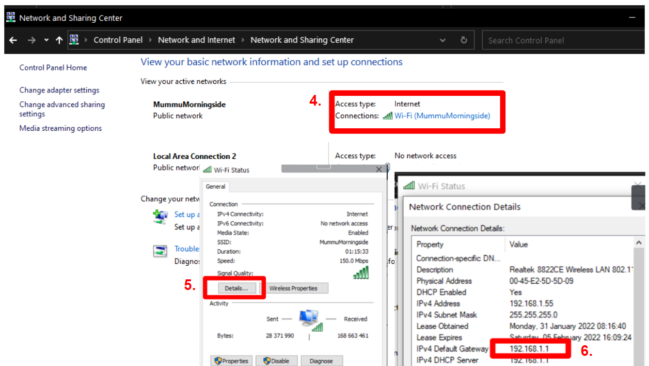 Screenshot of steps to find router IP address in Windows using Control Panel