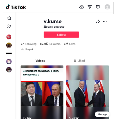 Screenshot of a Russian TikTok account posting misinformation about the Ukraine invasion