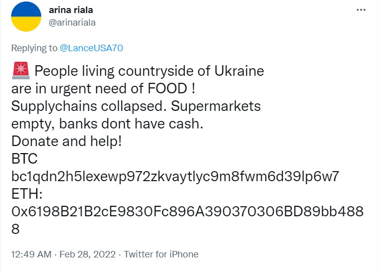 Screenshot of tweet from a scammer asking for crypto donations of Ukraine
