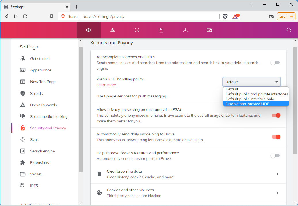 Screenshot of the Brave Browser's settings menu with WebRTC IP handling policy selected