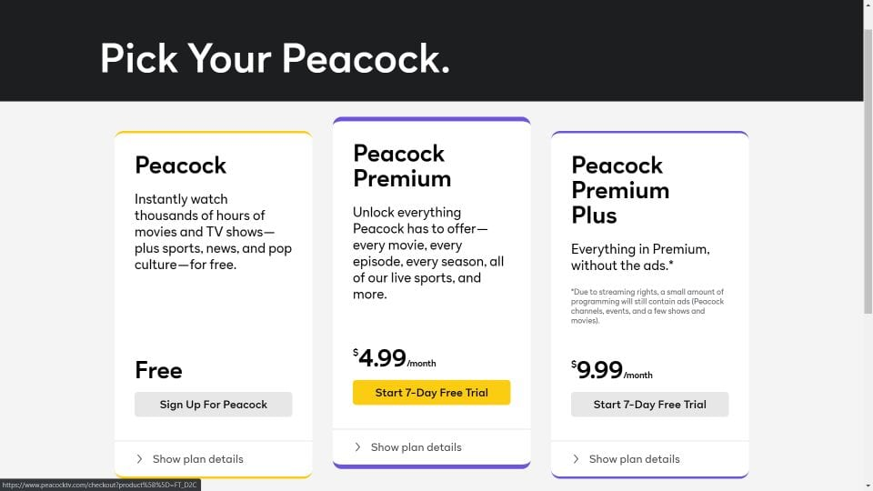 Screenshot of Peacock plans page