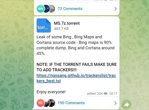 Screenshot of Lapsus$ providing details about the Microsoft hack on their Telegram channel