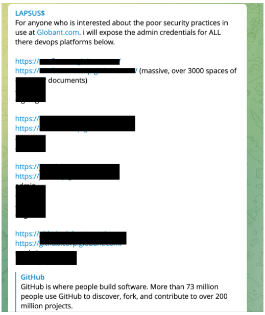 Screenshot of Lapsus$ sharing Globant DevOps admin passwords on a Telegram post