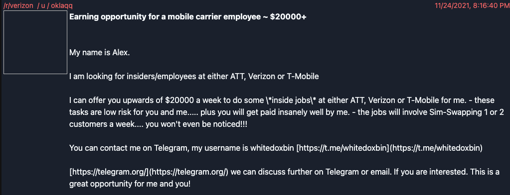A supposed Lapsus$ member posts an advertisement on Reddit to recruit mobile carrier employees