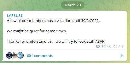 Screenshot of Lapsus$ Telegram post about going on vacation
