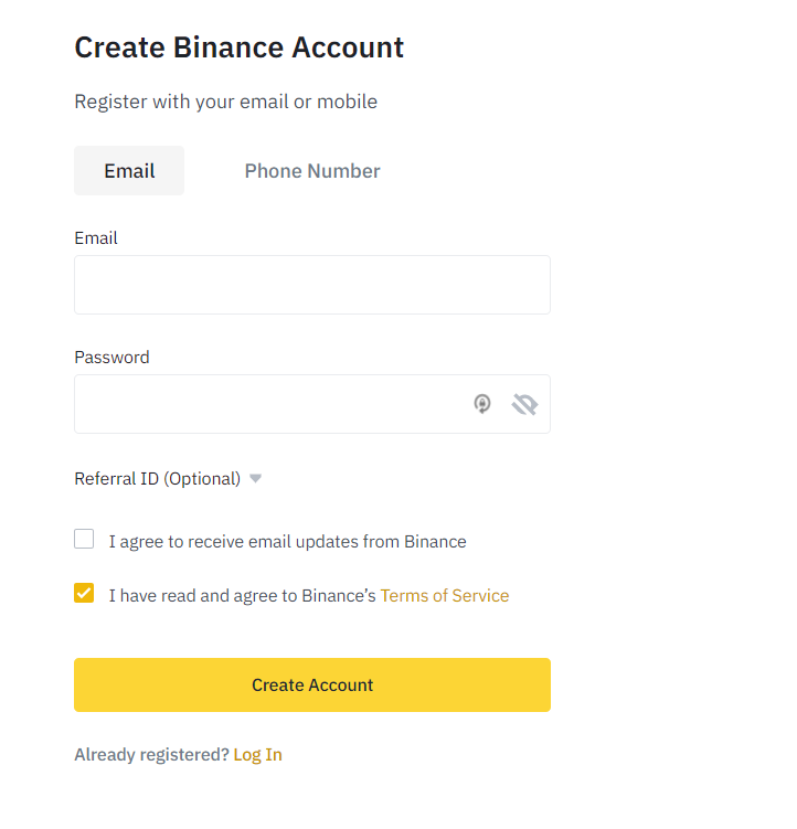 Screenshot of the Binance registration page showing areas to enter email and password, checkboxes to agree to email updates and Binance's Terms of Service, and the create account button.