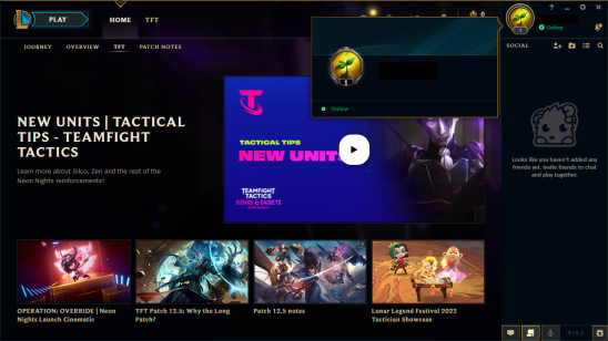 Screenshot of League of Legends client app showing player name