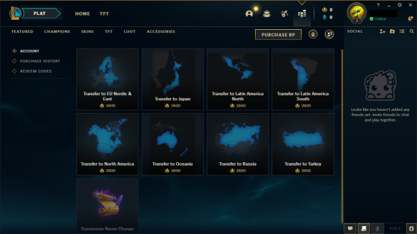Screenshot of League of Legends client app with the region selector opened up