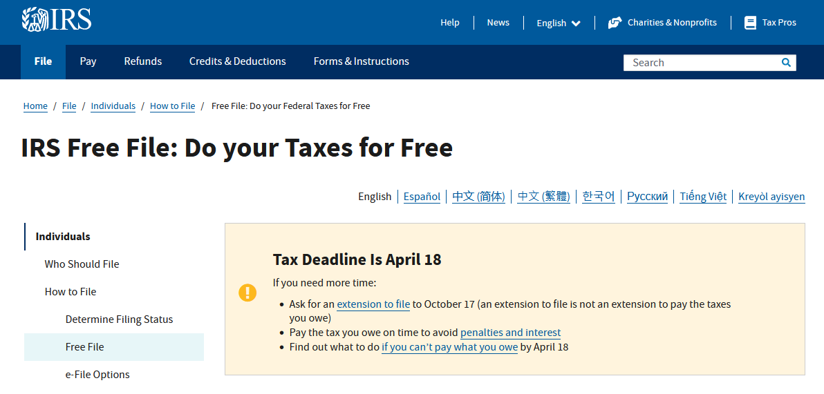 Screenshot of IRS Free File website with instructions. caption: IRS Free File is great, but it's not a one-size-fits-all solution.