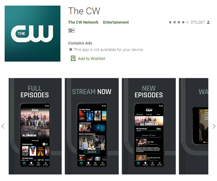 The CW app on Google Play Store with screenshots of the app on Android
