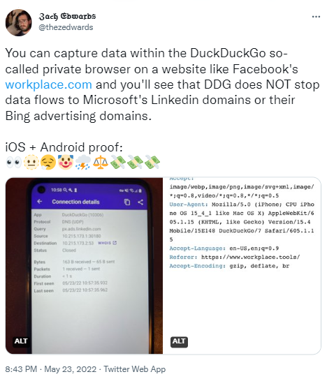 Twitter post detailing DuckDuckGo security audit with screenshots from the research.